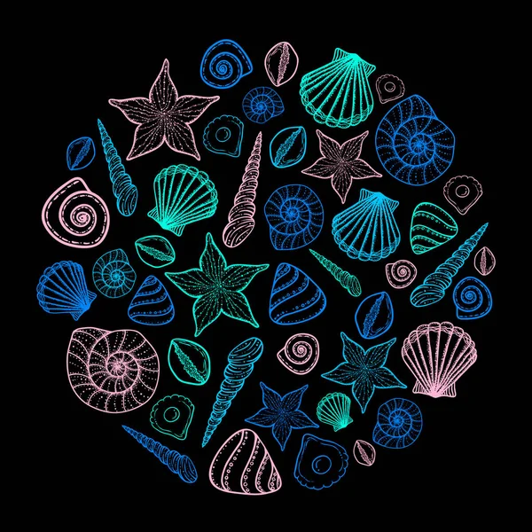Affisch med snäckskal och starfishes. Marina bakgrund. Handritad vektorillustration i doodle stil. — Stock vektor