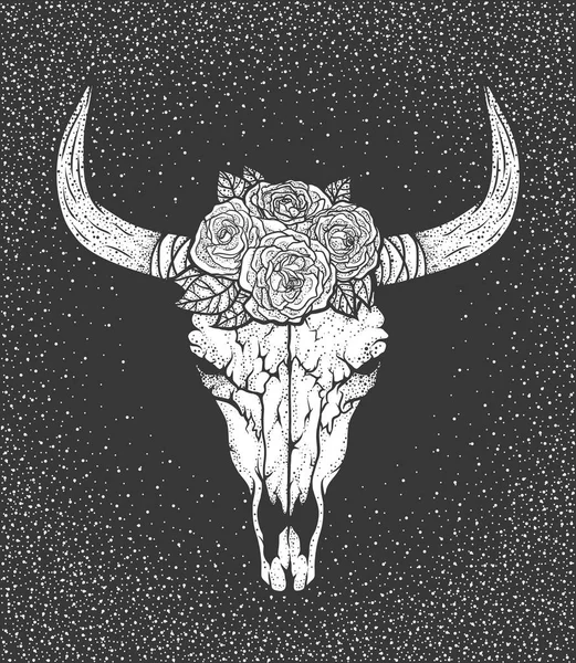 Череп быка с розами в стиле коренных американцев. Черная татуировка. Векторная иллюстрация. Бохо — стоковый вектор