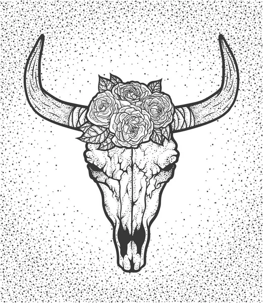 Cráneo de toro con rosas de estilo tribal nativo americano. Chantaje de tatuajes. Ilustración dibujada a mano vectorial. Boho. — Archivo Imágenes Vectoriales