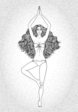Yoga kadın vektör çizim. Vrikshasana poz. Kız meditasyon