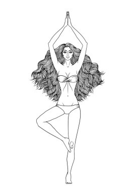 Yoga kadın vektör çizim. Vrikshasana poz. Kız meditasyon