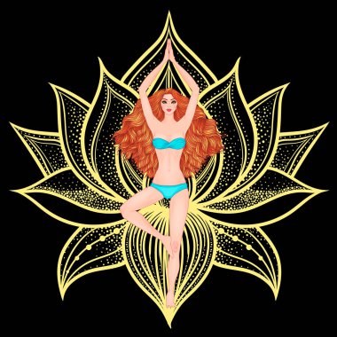 Yoga kadın vektör çizim. Vrikshasana poz. Kız meditasyon