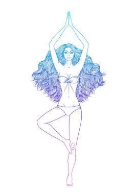 Yoga kadın vektör çizim. Vrikshasana poz. Kız meditasyon