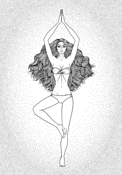 Yoga mujer vector ilustración. Pose Vrikshasana. Meditación de niña — Vector de stock