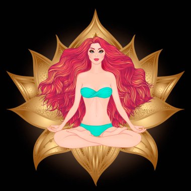 Lotus poz yogada oturan kadın elle çizilmiş vektör çizim. Meditasyon