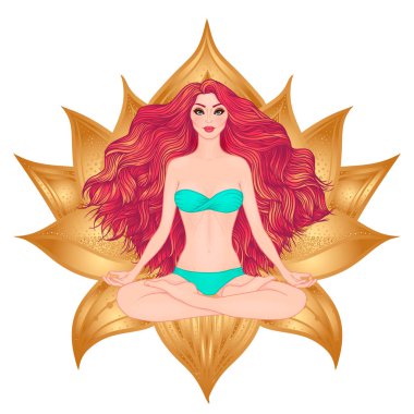 Lotus poz yogada oturan kadın elle çizilmiş vektör çizim. Meditasyon