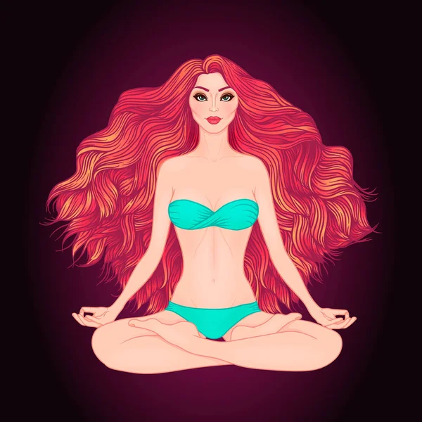 Ilustración vectorial dibujada a mano de mujer sentada en loto plantean yoga. Meditación — Vector de stock