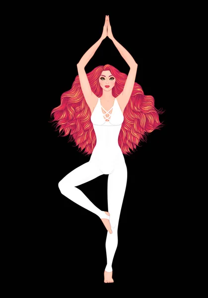 Yoga mujer vector ilustración. Pose Vrikshasana. Meditación de niña — Vector de stock