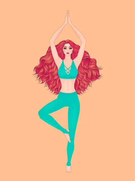 Illustration vectorielle femme de yoga. Pose Vrikshasana. Méditation fille — Image vectorielle