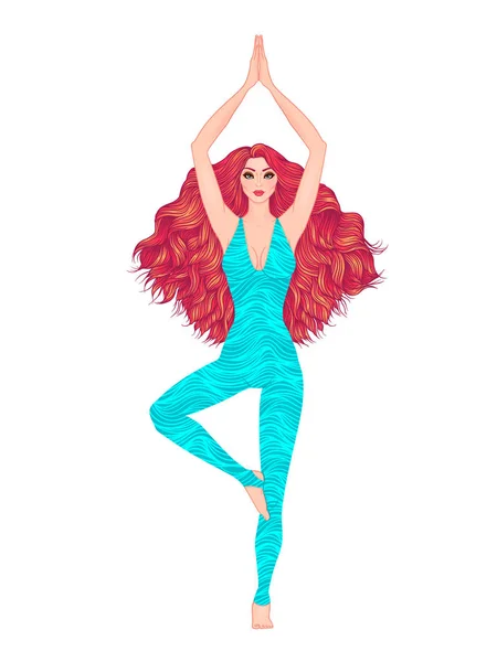 Yoga mujer vector ilustración. Pose Vrikshasana. Meditación de niña — Vector de stock