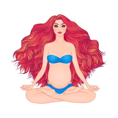 Elle çizilmiş vektör çizim lotus poz yogada oturan hamile kadın