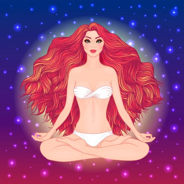 Ilustración vectorial dibujada a mano de mujer sentada en loto plantean yoga. Meditación — Vector de stock