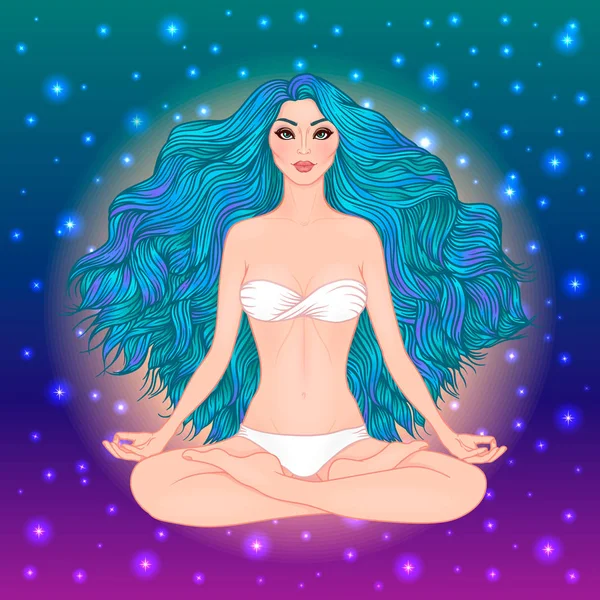 Ilustración vectorial dibujada a mano de mujer sentada en loto plantean yoga. Meditación — Vector de stock