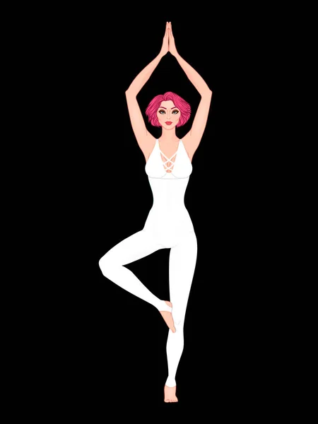 Yoga mujer vector ilustración. Pose Vrikshasana. Meditación de niña — Vector de stock