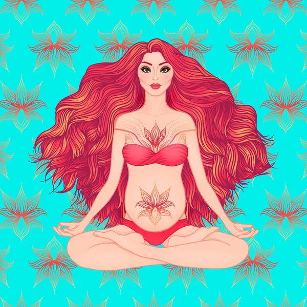 蓮のポーズ ヨガの座っている妊娠中の女性の手描きベクトル イラスト — ストックベクタ