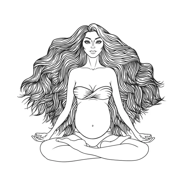 Handgezeichnete Vektor-Illustration einer schwangeren Frau, die in Lotus-Pose Yoga sitzt — Stockvektor