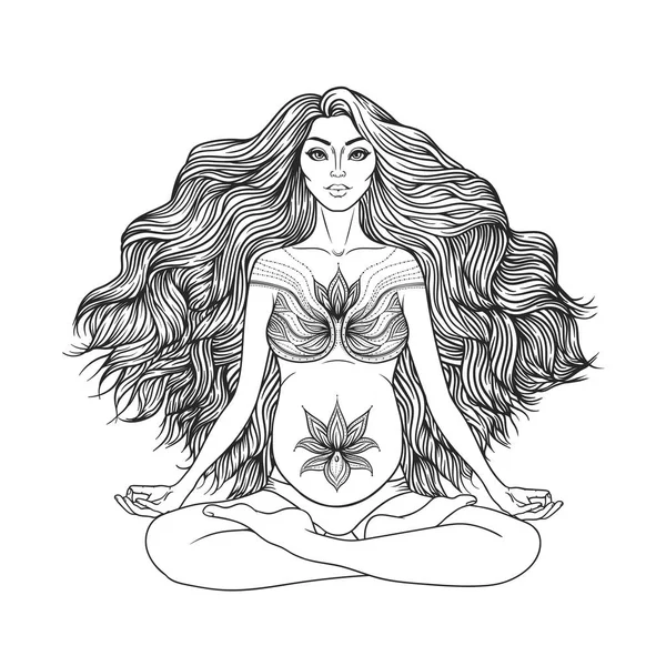 Handgezeichnete Vektor-Illustration einer schwangeren Frau, die in Lotus-Pose Yoga sitzt — Stockvektor