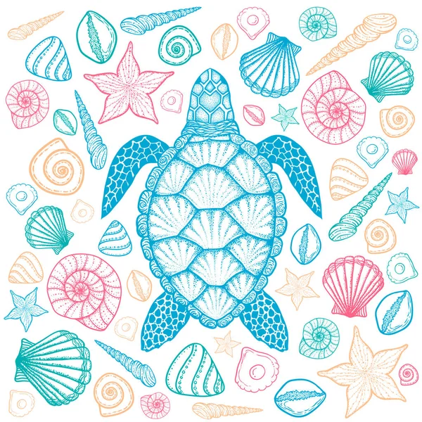 Tortuga marina y conchas en estilo de arte en línea. Ilustración vectorial dibujada a mano — Vector de stock