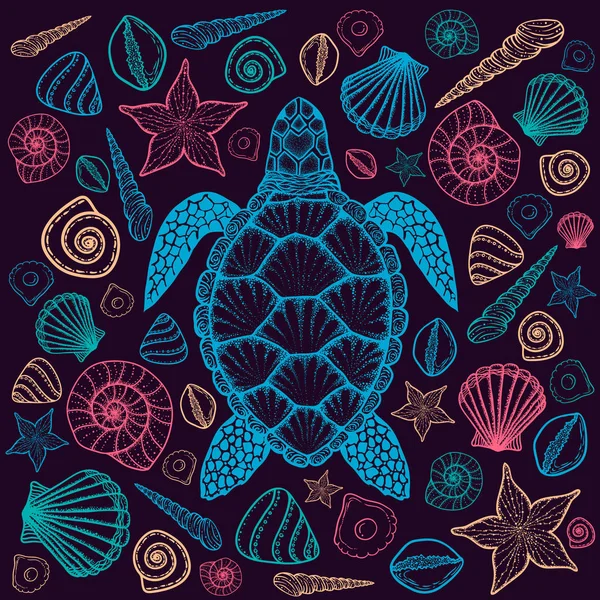 Tortuga marina y conchas en estilo de arte en línea. Ilustración vectorial dibujada a mano — Vector de stock