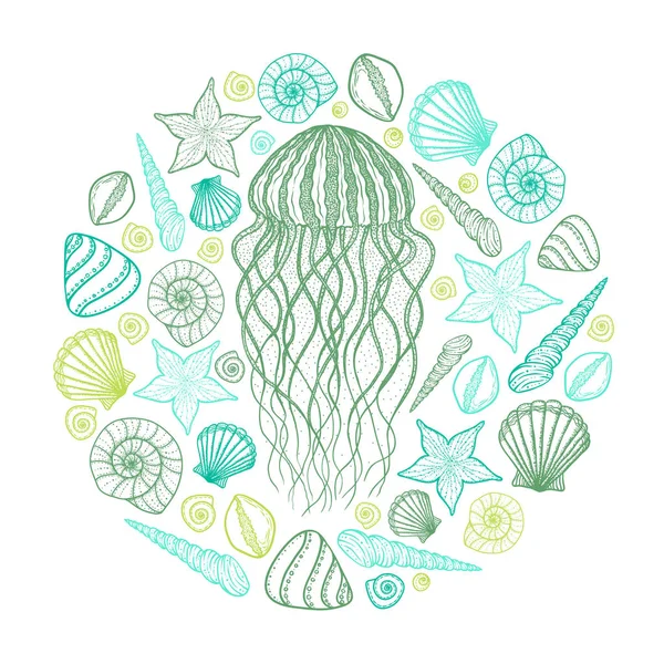 Jellyfish and shells in line art style. Hand drawn vector illustration — Stock Vector