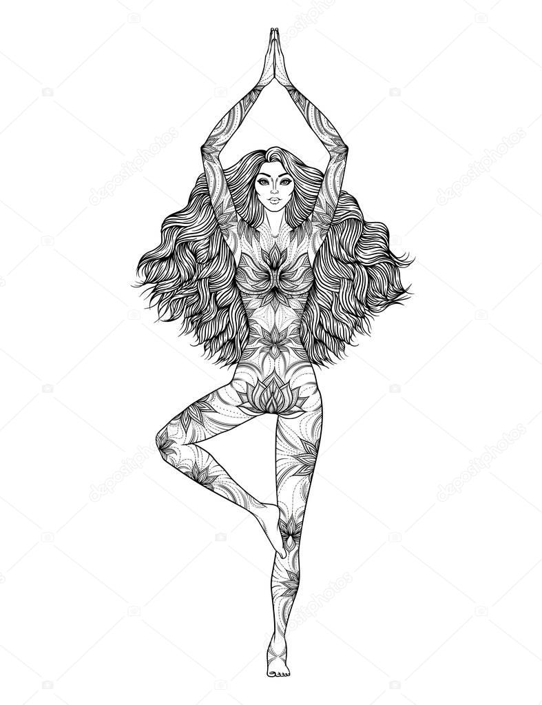 Yoga woman vector illustration. Pose Vrikshasana. Girl Meditation