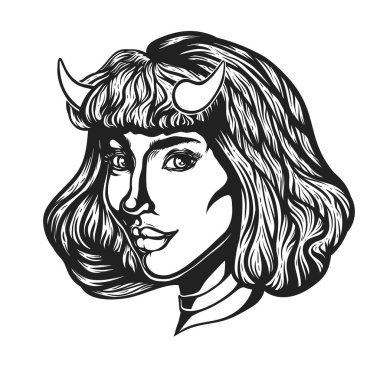 Boynuzlu Şeytan kadın baş portre. Vektör çizim t-shirt, posterler için