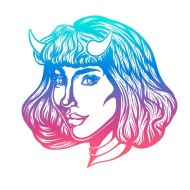 Boynuzlu Şeytan kadın baş portre. Vektör çizim t-shirt, posterler için