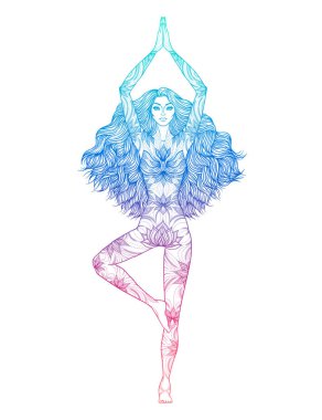 Yoga kadın vektör çizim. Vrikshasana poz. Kız meditasyon
