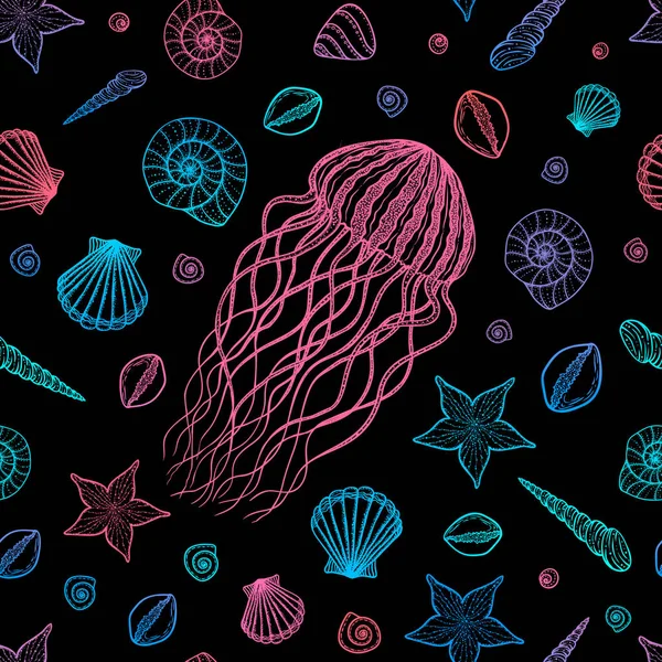 Varrat nélküli mintát line art stílusban kagyló és medúza. Kézzel rajzolt vektoros — Stock Vector
