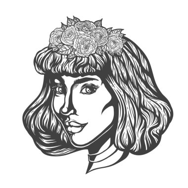 Üç çeyrek görünümünde kadın portresi. Gotik tarzı. Dövme siyahişi