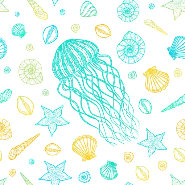 Patrón sin costuras con medusas y conchas en estilo de arte de línea. Vector dibujado a mano — Vector de stock