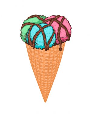 Üç top dondurma waffle koni çikolata soslu. Elle çizilmiş doodle
