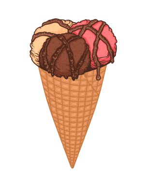 Üç top dondurma waffle koni çikolata soslu. Elle çizilmiş doodle