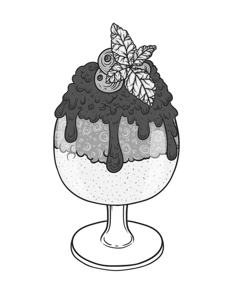 グラスにチョコレート ソース添えのアイスクリーム。手描き落書きのイラスト — ストックベクタ