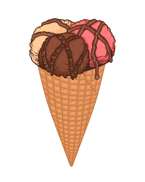 Tre palline di gelato con salsa al cioccolato in waffle cone. Scarabocchio disegnato a mano — Vettoriale Stock