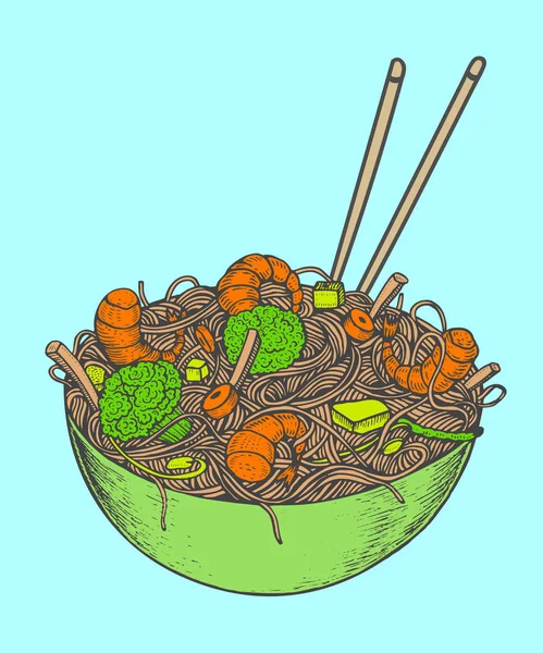 Fastfood asiatico con gamberetti di tagliatelle, pepe, verdure in un piatto. Disegnato a mano — Vettoriale Stock