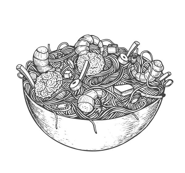 Comida asiática rápida con fideos camarones, pimienta, verduras en un plato. Dibujado a mano — Vector de stock