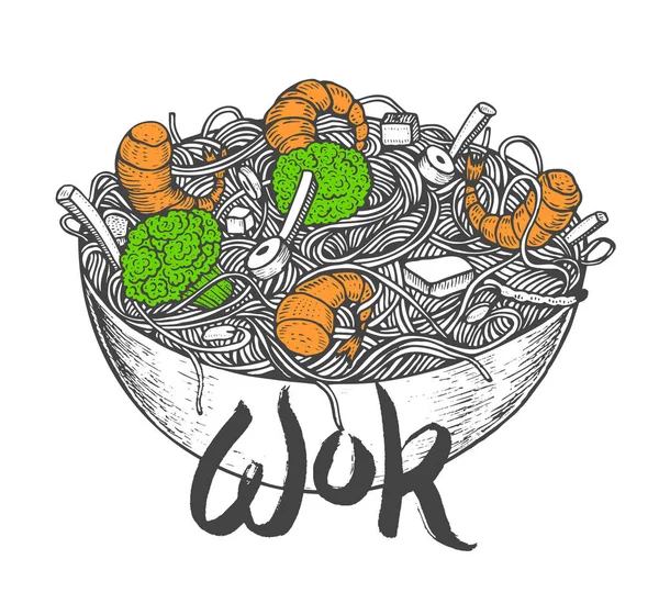 Asiatisches Fastfood mit Nudelgarnelen, Paprika, Gemüse auf einem Teller. Handgezeichnet — Stockvektor