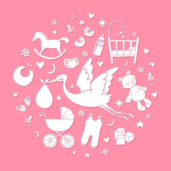 Set hand getrokken elementen. Baby meisje spullen. Verzameling van vector cute icons — Stockvector