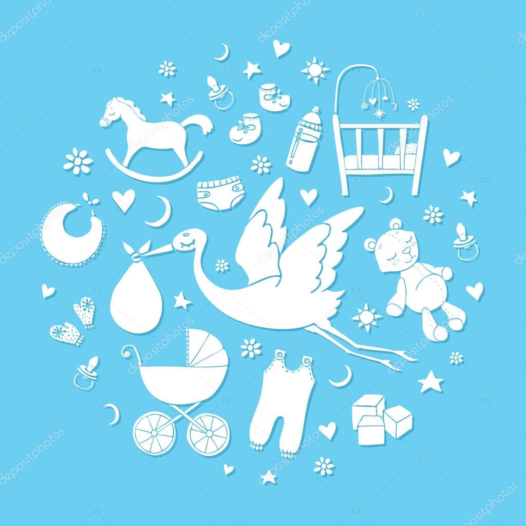 Set of hand drawn elements. Baby boy stuff. Collection of vector cute icons
