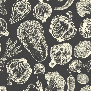 Elle çizilmiş öğeleri kümesi ile Seamless modeli. Kroki tarzı taze sebze.