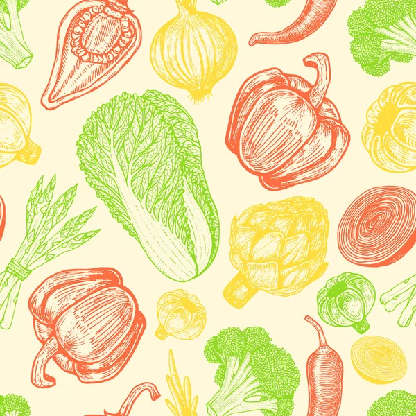 Seamless pattern with set of hand drawn elements. Sketch style fresh vegetables. Different peppers. — Stock Vector