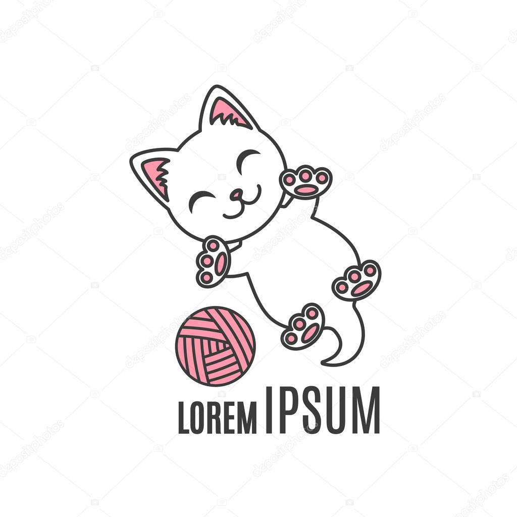 Cartoon little kitten playing with ball. Cat logo. Simple animal logotype for shop or handmade company