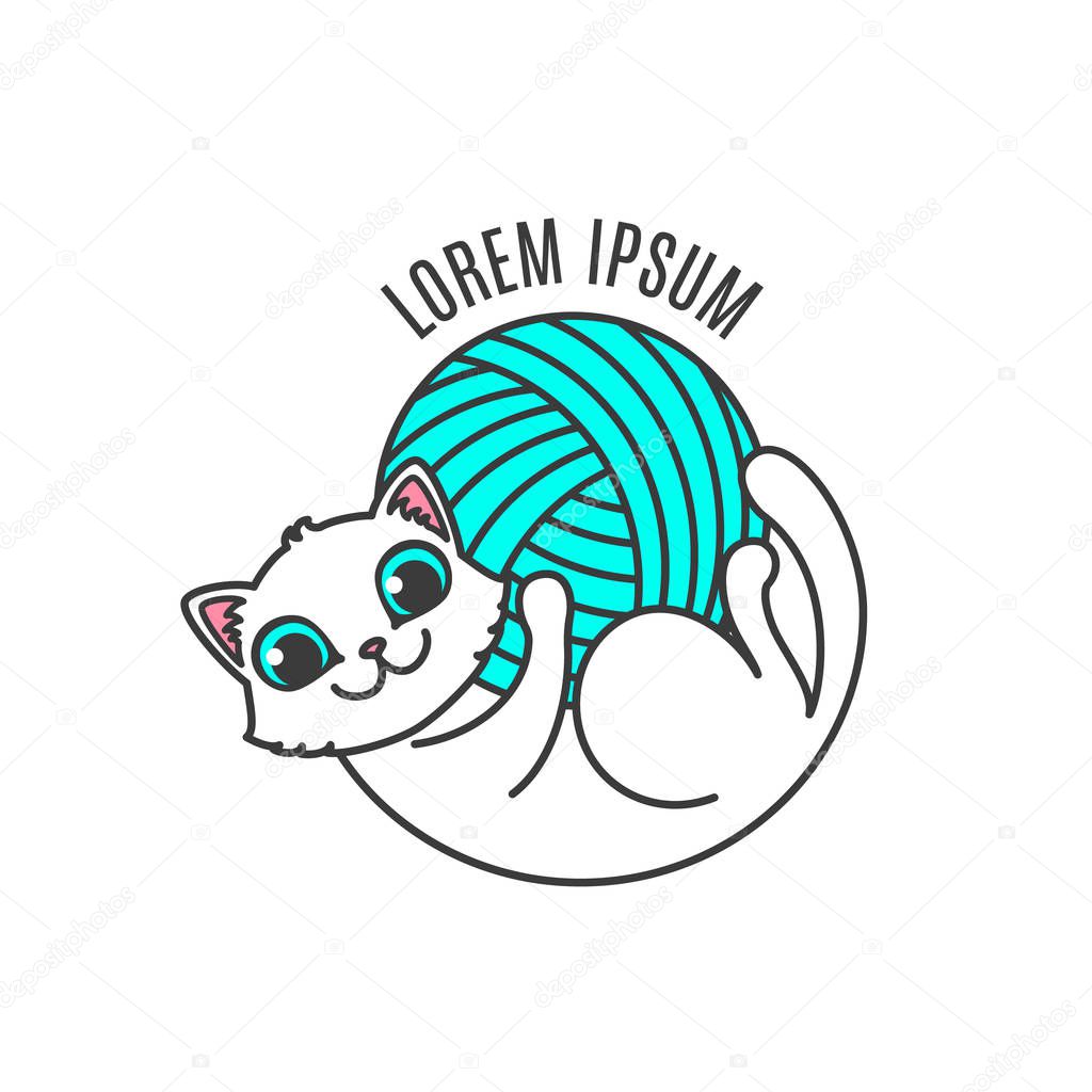 Logo with cat in circle composition. Little kitten lies on the back and hold in own paws yarn ball. Logotype for handmade company
