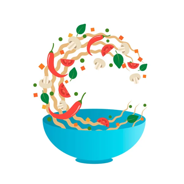 Mescolare l'illustrazione vettoriale friggere. Flipping tagliatelle asiatiche con verdure in una ciotola blu. Stile piatto del fumetto — Vettoriale Stock