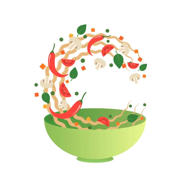 Stir fry vector illustration. Flipping Asian noodles with vegetables in a green bowl. Cartoon flat style — Stock Vector