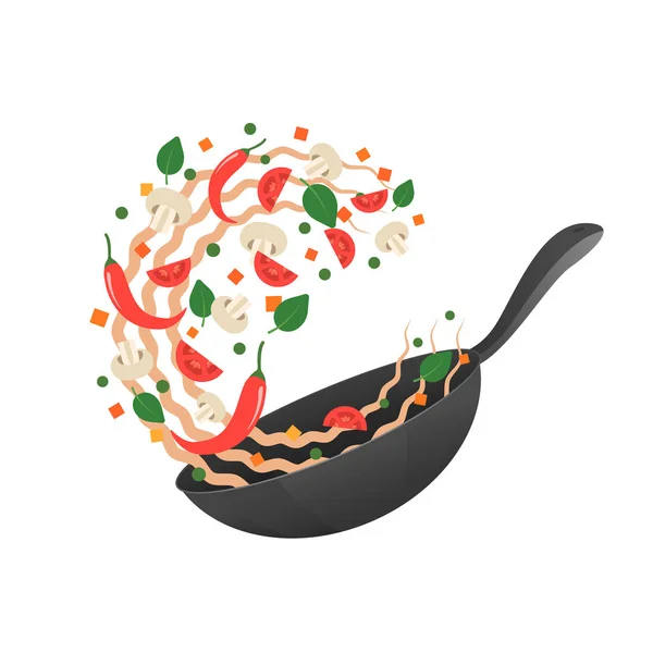 Mescolare la frittura. Illustrazione vettoriale del processo di cottura. Flipping tagliatelle asiatiche in una padella. Stile cartone animato. Piatto — Vettoriale Stock