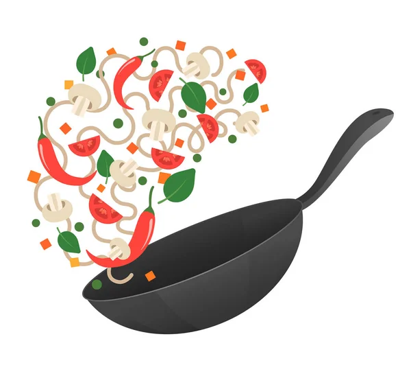 Remuer la frite. Illustration vectorielle du processus de cuisson. Flipping nouilles asiatiques dans une casserole. Cartoon style. Plat — Image vectorielle
