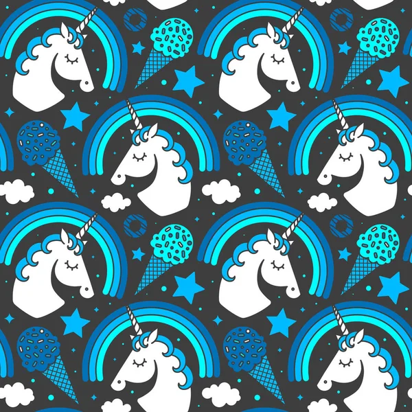 Tek boynuzlu at ve koyu arka plan üzerinde gökkuşağı ile Seamless modeli. Vektör çizgi film tarzı sevimli karakteri