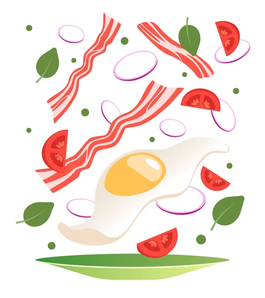 Cooking process vector illustration. Flipping fry egg in a pan. Cartoon flat style — Stock Vector